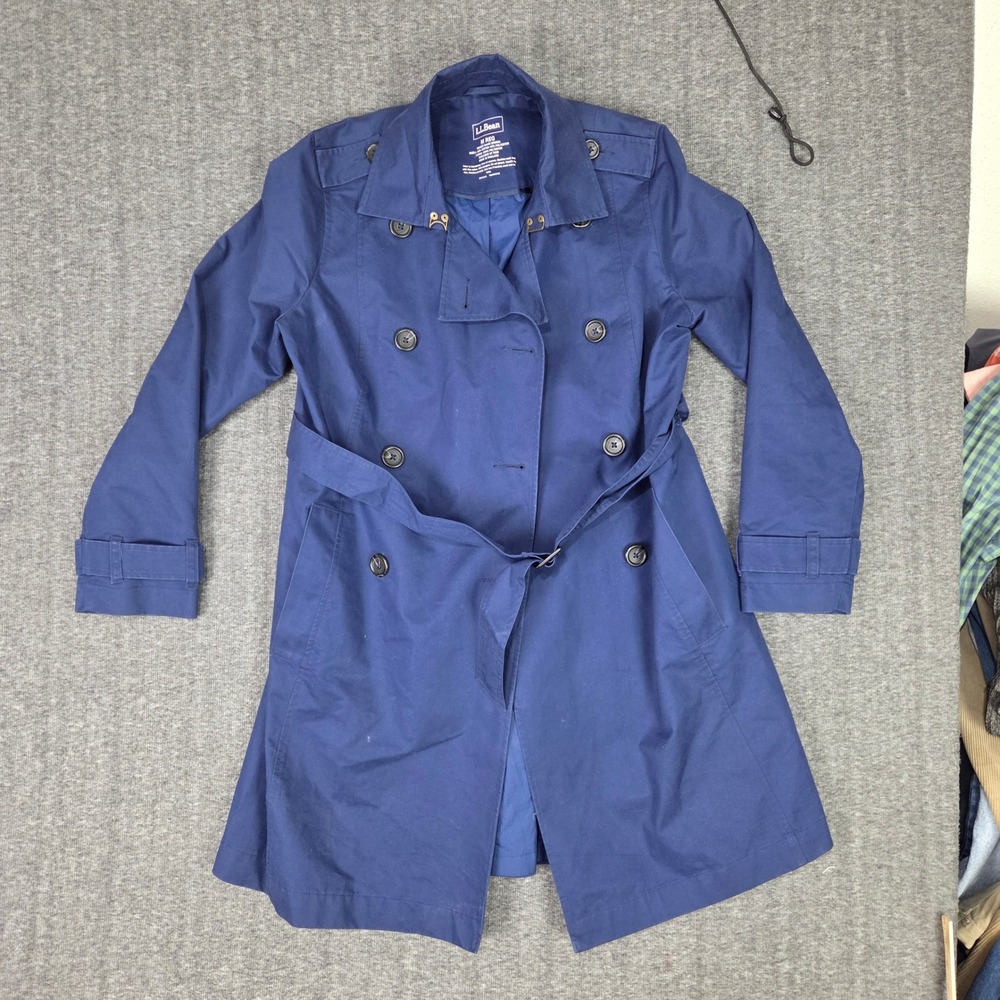 LL Bean Overcoat Women M Navy Double Breasted Belted Trenchcoat Vented Rain